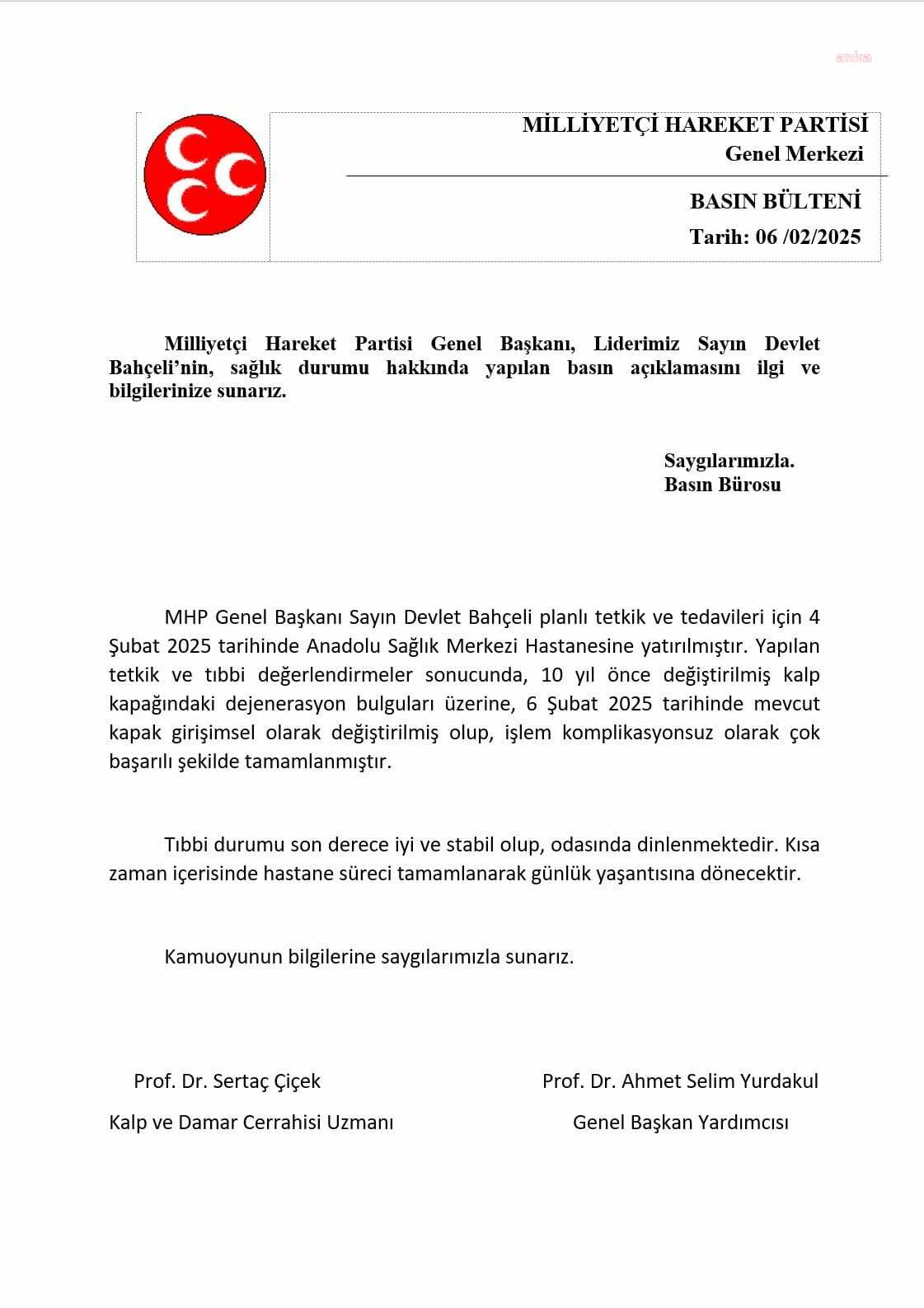 MHP, Devlet Bahçeli'nin kalp kapakçığının yenilendiğini açıkladı  