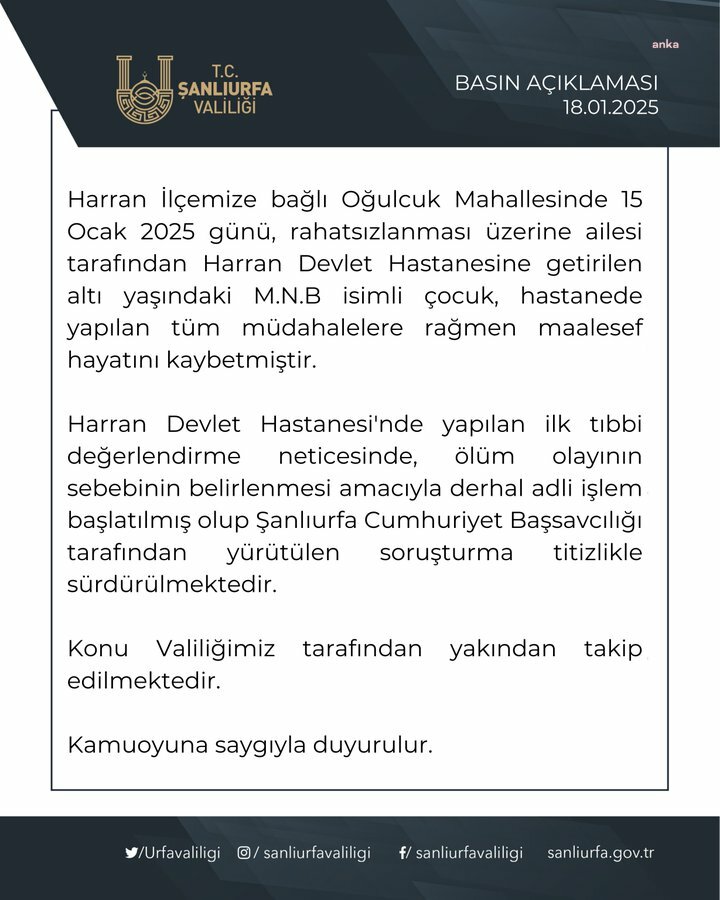 Şanlıurfa'da 5 yaşındaki kız çocuğunun cinsel istismara uğradığı iddiası... Valilik: "Soruşturma titizlikle sürdürülmektedir"