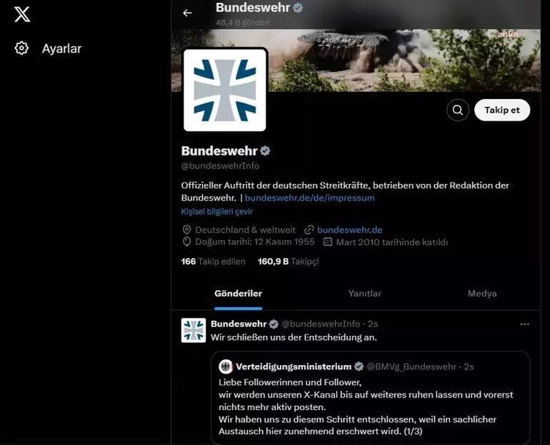 Almanya Savunma Bakanlığı X sosyal medya hesabını askıya aldı
