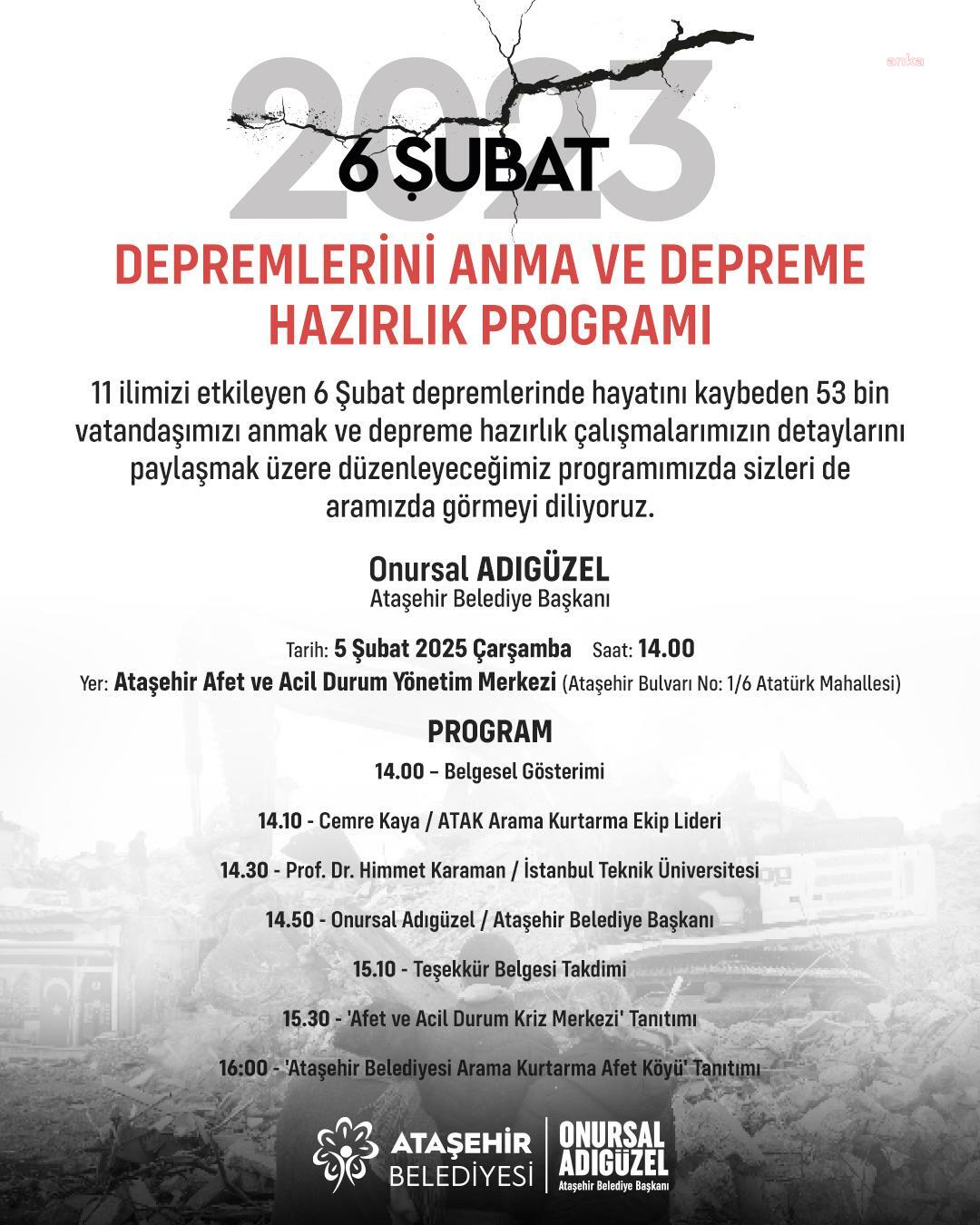 Ataşehir Belediyesi’nden 6 Şubat Depremleri'nde hayatını kaybedenleri anma ve depreme hazırlık etkinliği