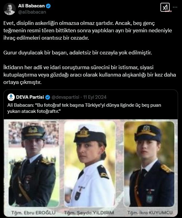 Teğmenler ihraç edildi... Ali Babacan: Beş genç teğmenin resmi tören bittikten sonra yaptıkları ayrı bir yemin nedeniyle ihraç edilmeleri orantısız bir cezadır