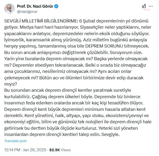 Prof. Dr. Naci Görür: “Sizi yöneten insanlardan deprem dirençli kentleri talep edin”