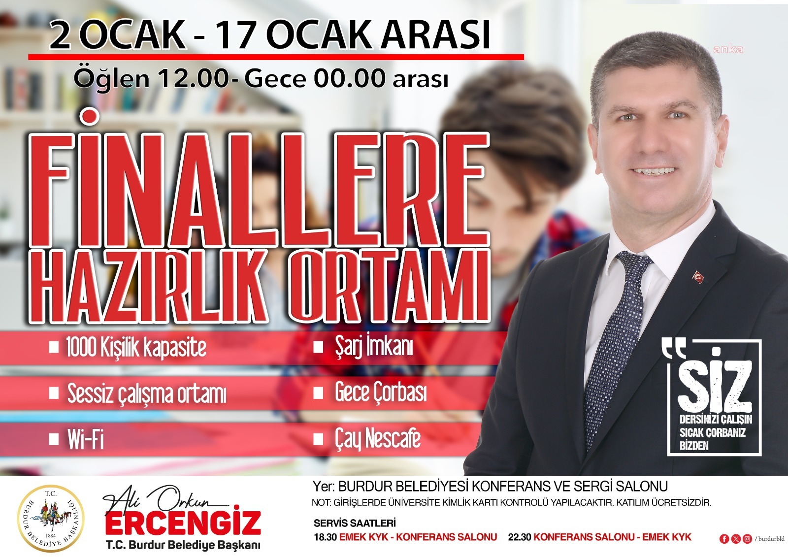 Burdur Belediyesi, üniversite öğrencileri için Konferans ve Sergi Salonu'nu etüt merkezi haline getirdi